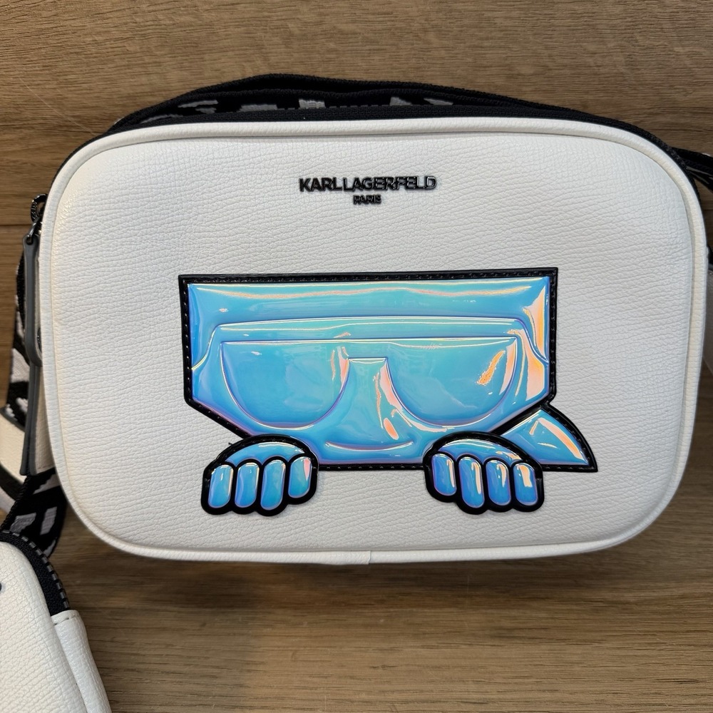 Karl Lagerfeld Maybelle Double Zip White Iridescent Crossbody Camera Bag Pouch - Picture 3 of 16